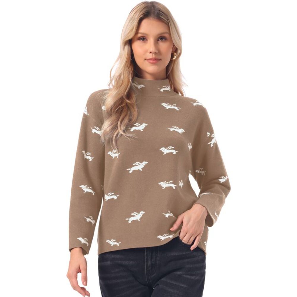 Women Mock Neck Casual Knit Pullover Long Sleeve Sweater Tops Khaki